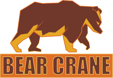 An orange and brown bear walks along letter forms that read "Bear Crane"