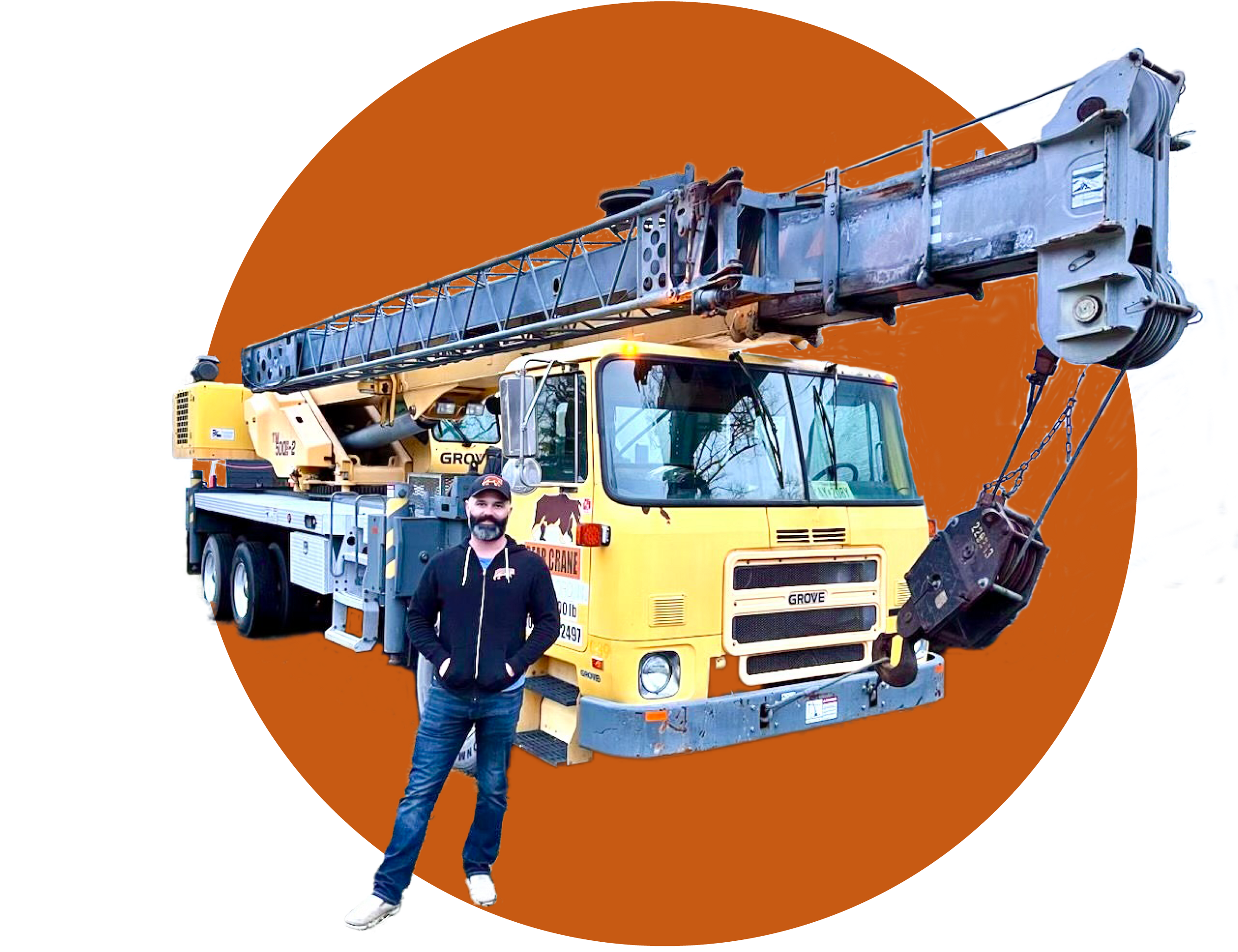 Bear Crane's owner standing in front of his crane.